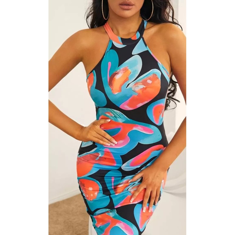 Allover Print Halterneck Bodycon Dress